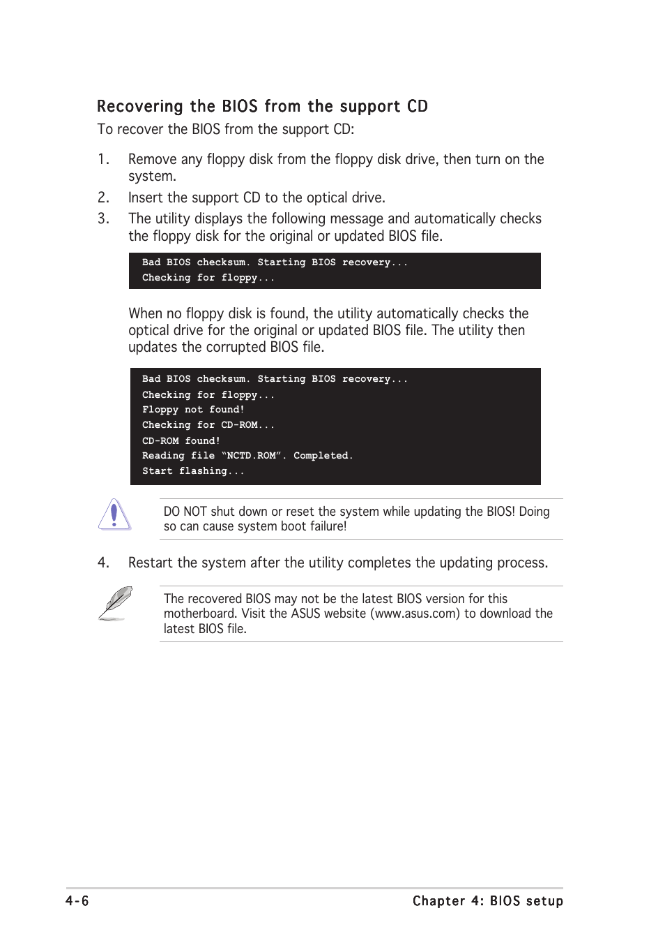 Recovering the bios from the support cd | Asus NCT-D User Manual | Page 76 / 112