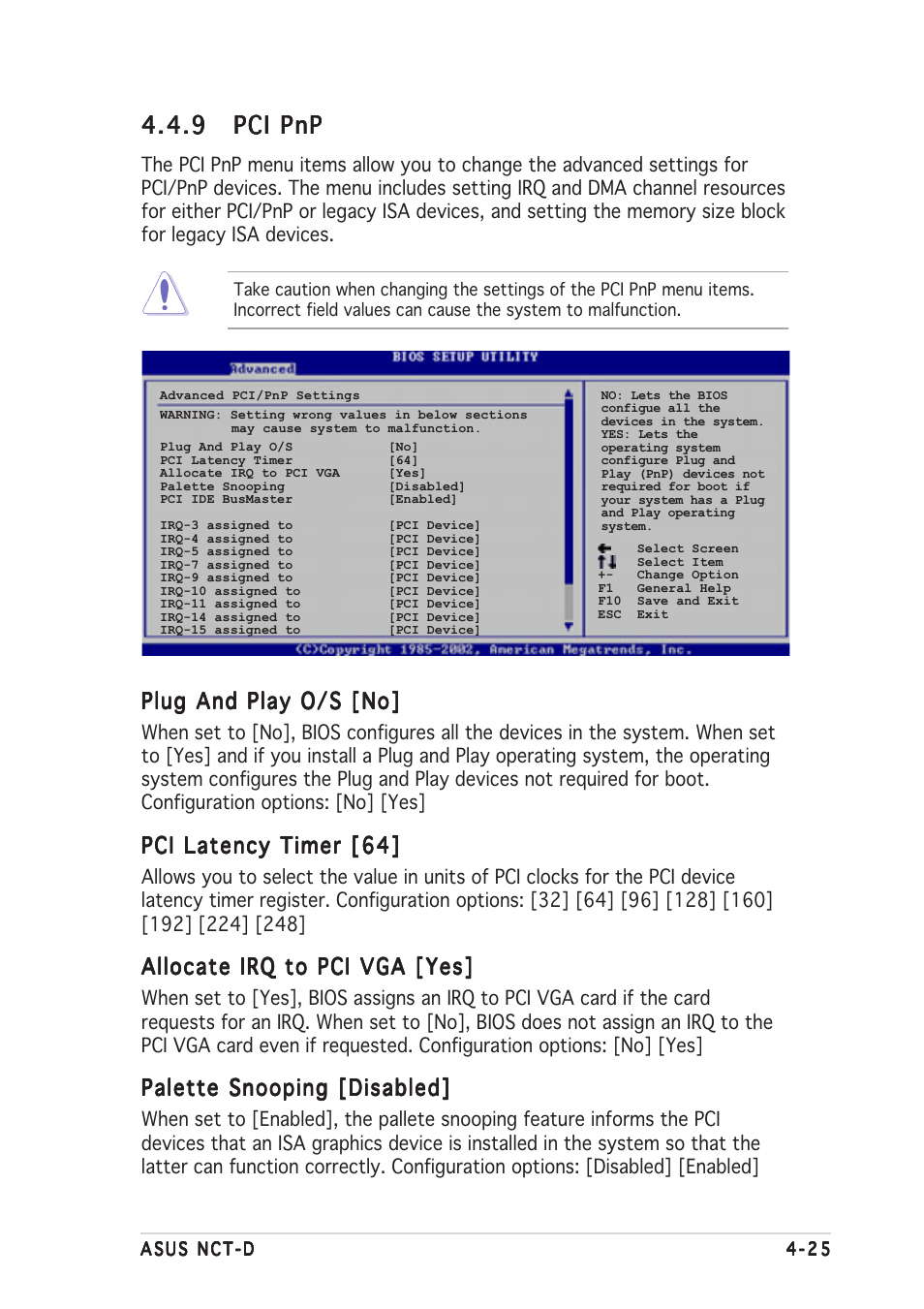 9 pci pnp pci pnp pci pnp pci pnp pci pnp, Plug and play o/s [no, Pci latency timer [64 | Allocate irq to pci vga [yes, Palette snooping [disabled | Asus NCT-D User Manual | Page 95 / 112