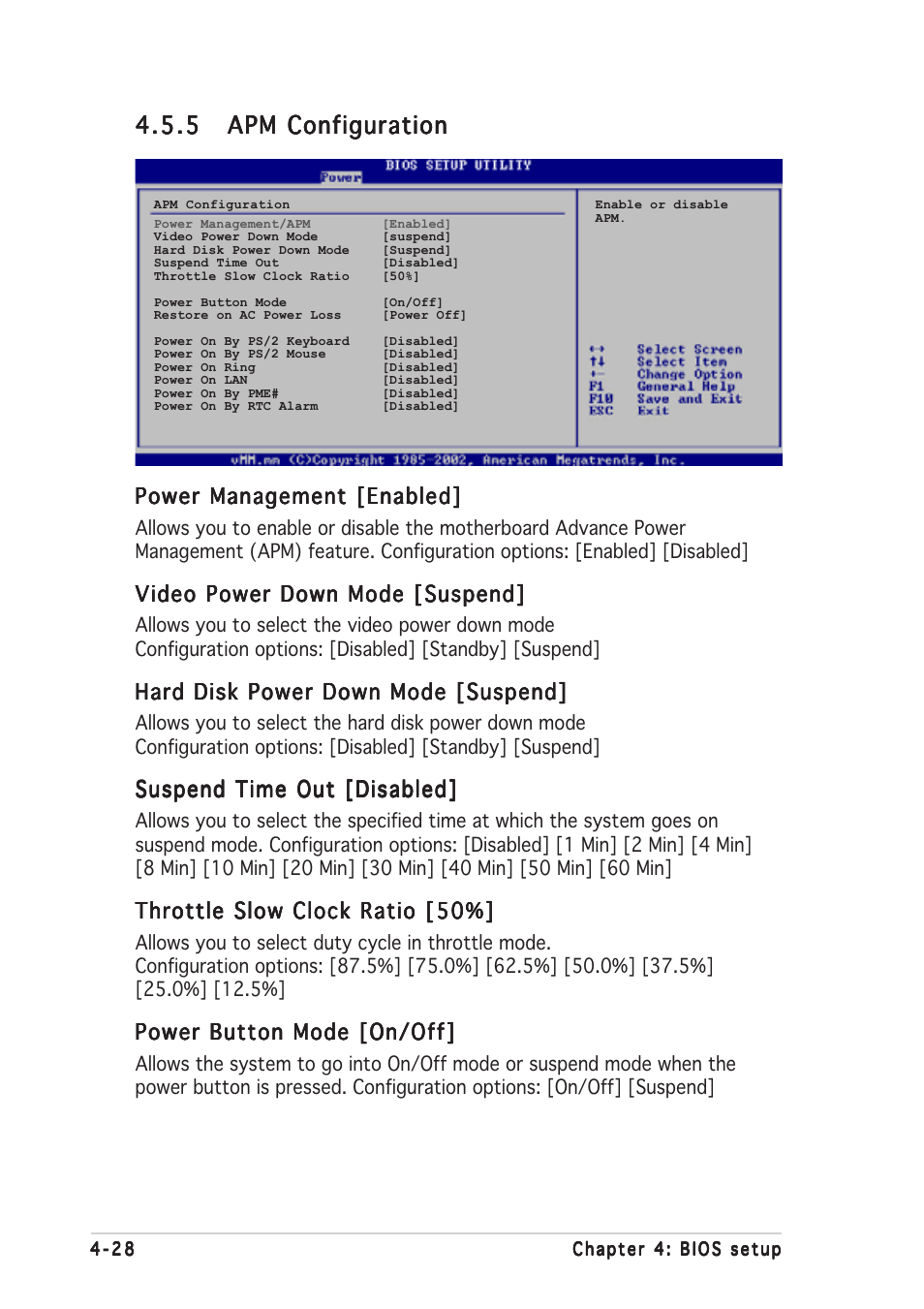 Power management [enabled, Video power down mode [suspend, Hard disk power down mode [suspend | Suspend time out [disabled, Throttle slow clock ratio [50, Power button mode [on/off | Asus NCT-D User Manual | Page 98 / 112