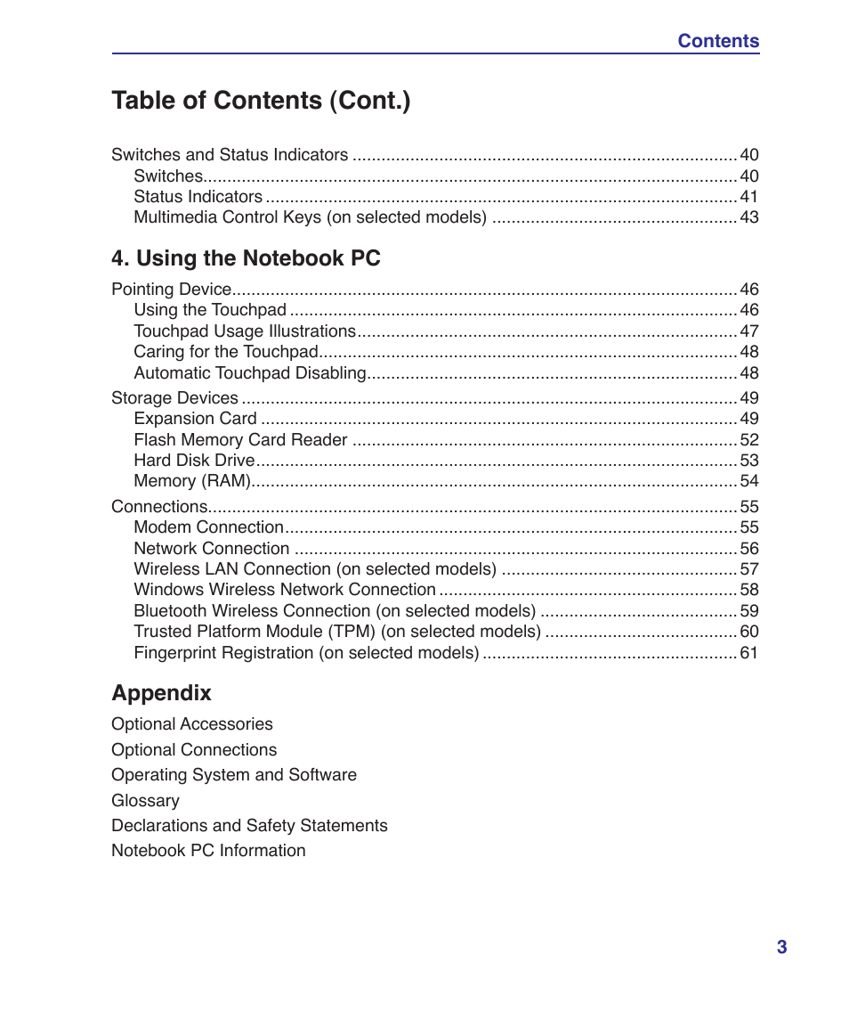 Table of contents (cont.), Appendix | Asus VX2 User Manual | Page 3 / 95