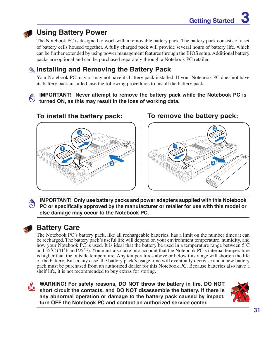 Using battery power, Battery care | Asus VX2 User Manual | Page 31 / 95