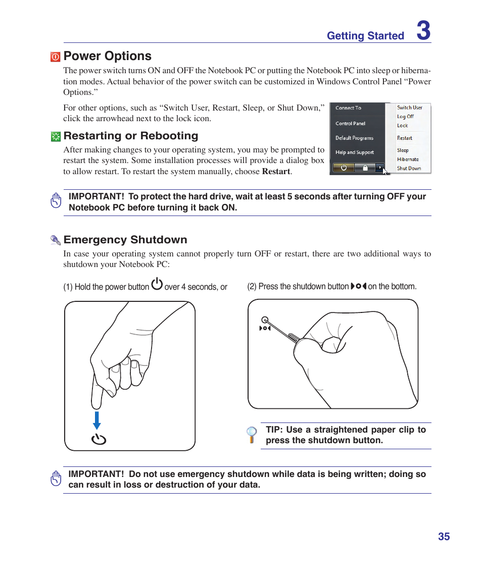 Power options, Restarting or rebooting | Asus VX2 User Manual | Page 35 / 95