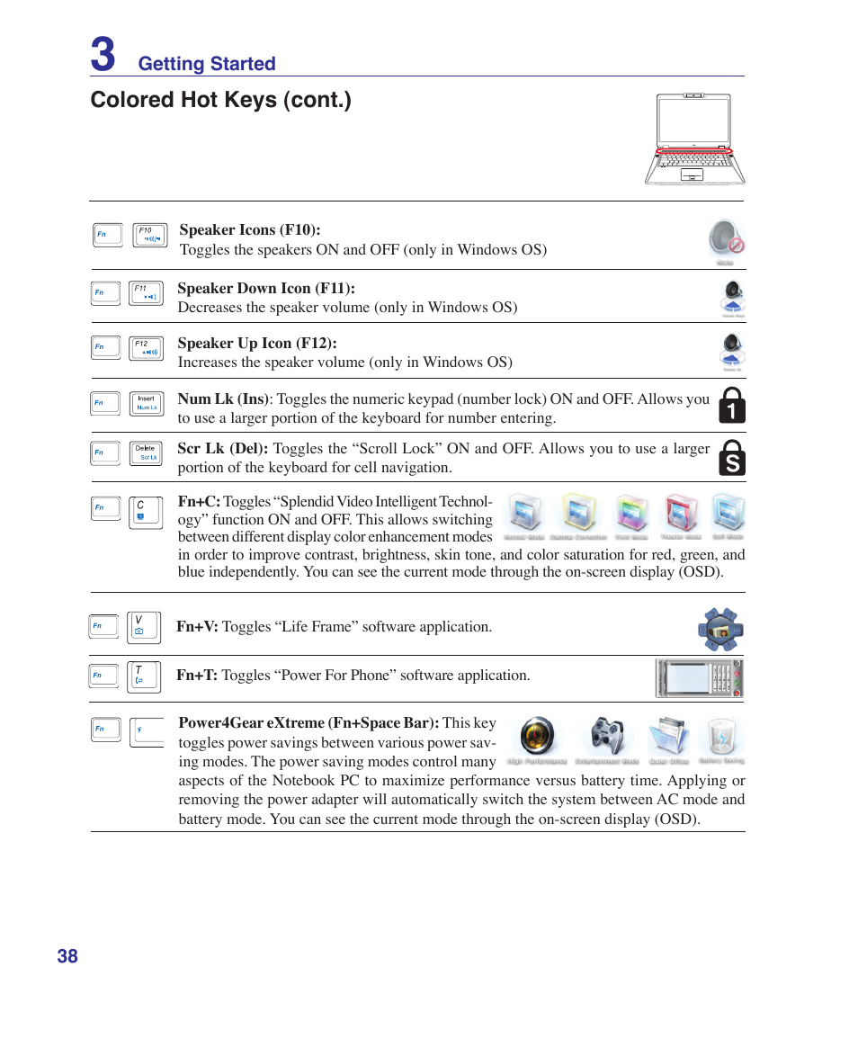 Colored hot keys (cont.) | Asus VX2 User Manual | Page 38 / 95