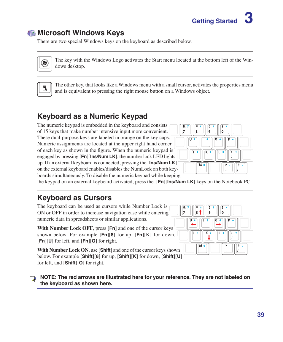 Microsoft windows keys, Keyboard as a numeric keypad, Keyboard as cursors | 39 getting started | Asus VX2 User Manual | Page 39 / 95