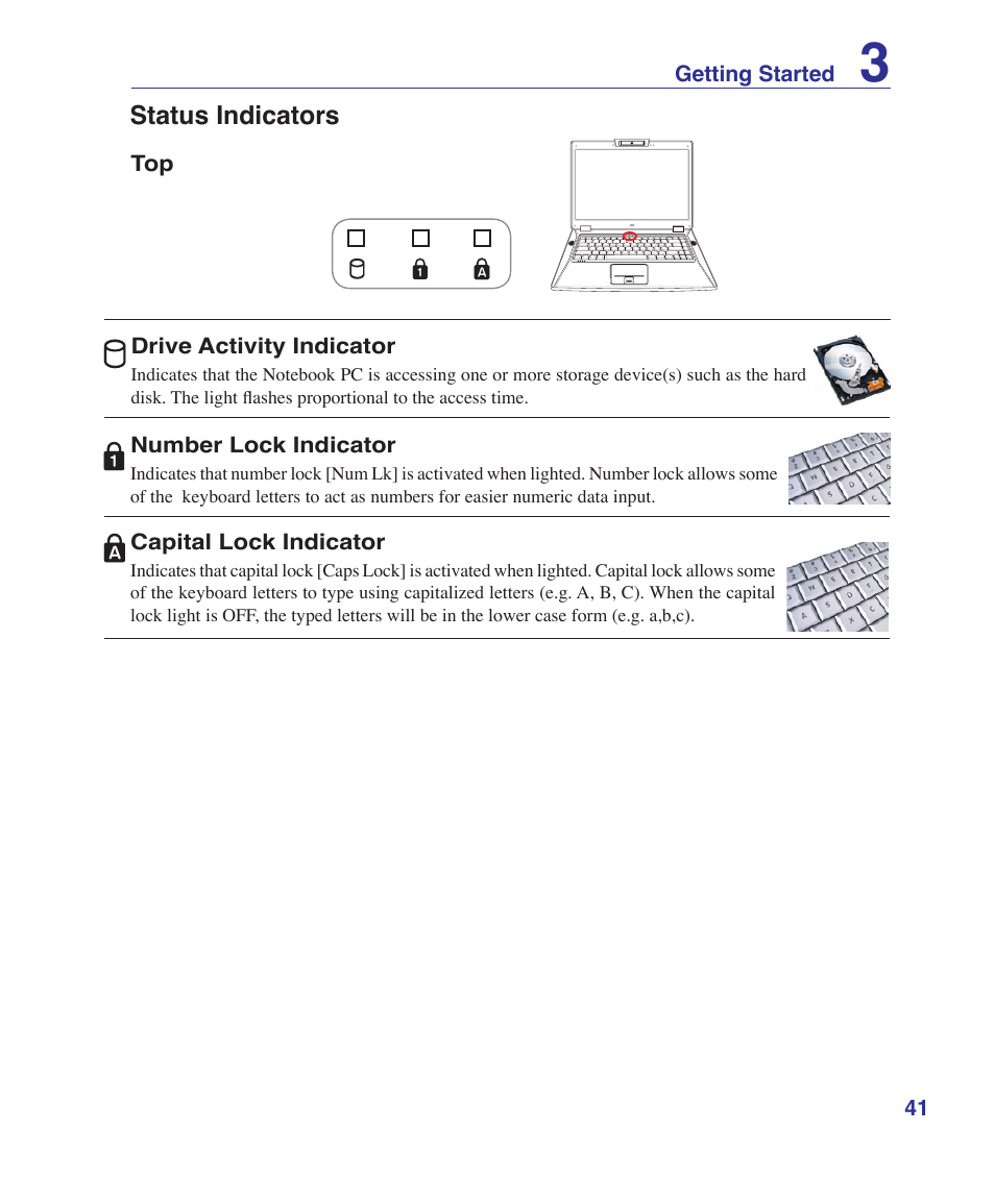 Status indicators | Asus VX2 User Manual | Page 41 / 95