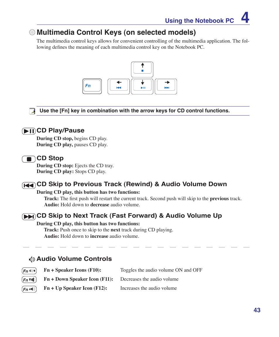 Multimedia control keys (on selected models) | Asus VX2 User Manual | Page 43 / 95