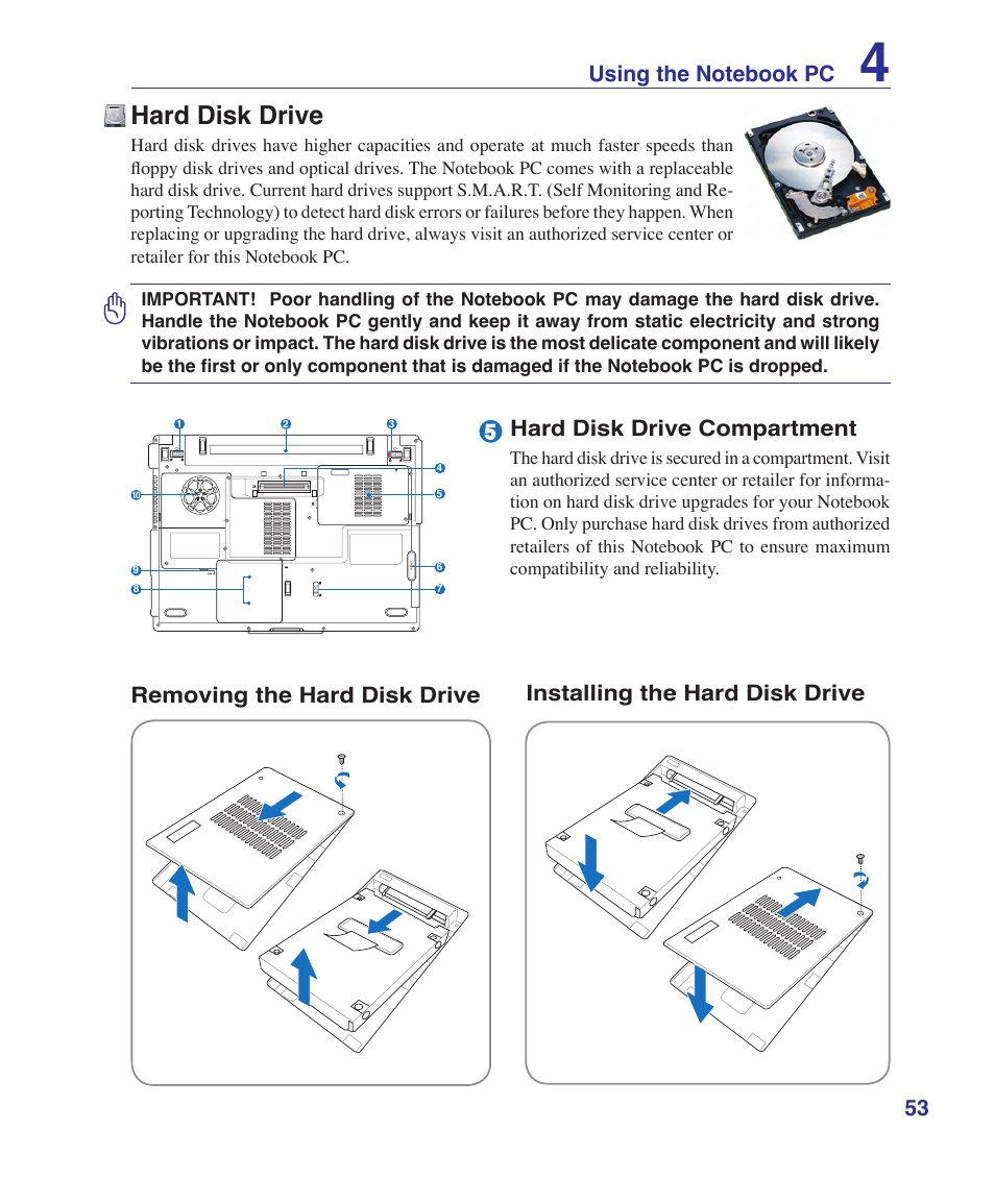 Hard disk drive, Hard disk drive compartment | Asus VX2 User Manual | Page 53 / 95