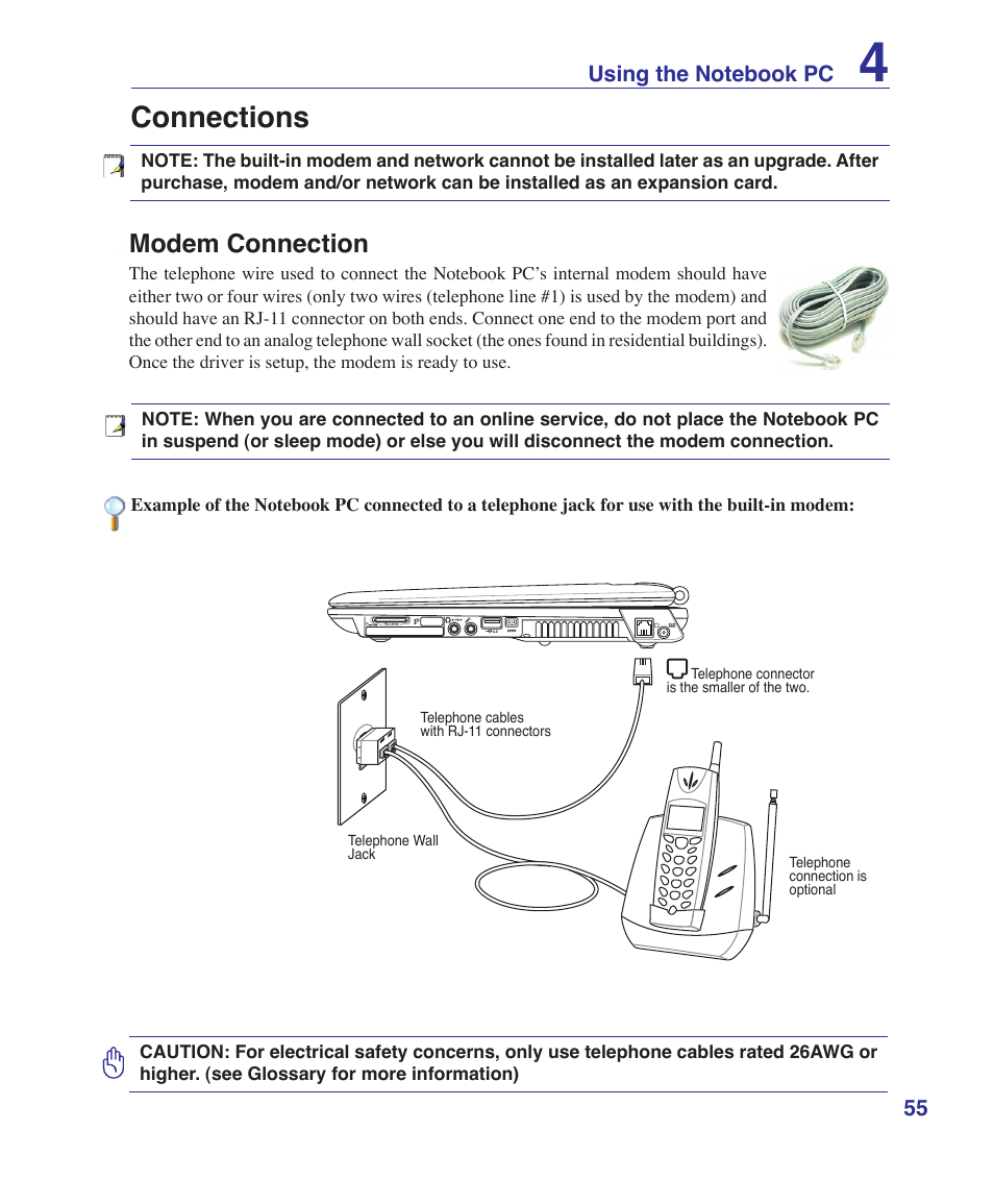 Connections, Modem connection | Asus VX2 User Manual | Page 55 / 95