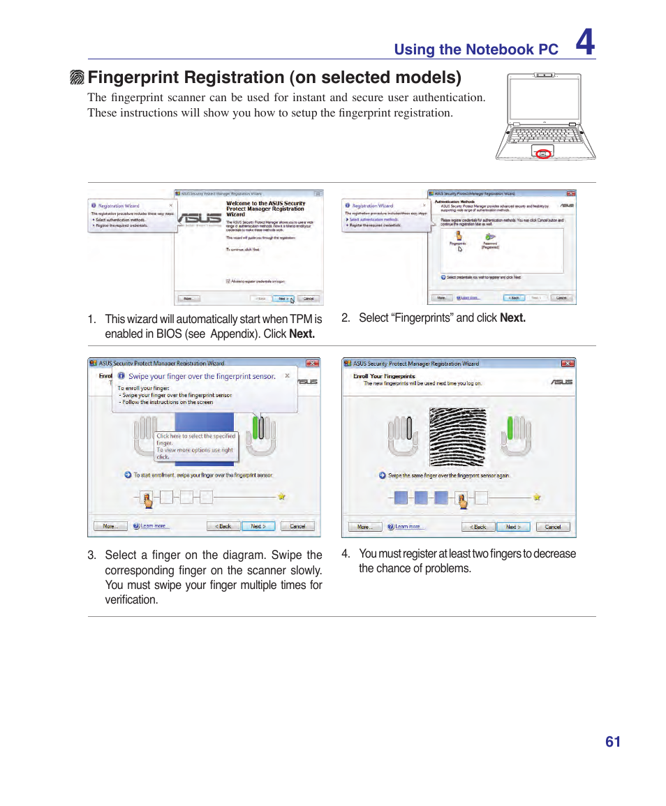 Fingerprint registration (on selected models) | Asus VX2 User Manual | Page 61 / 95