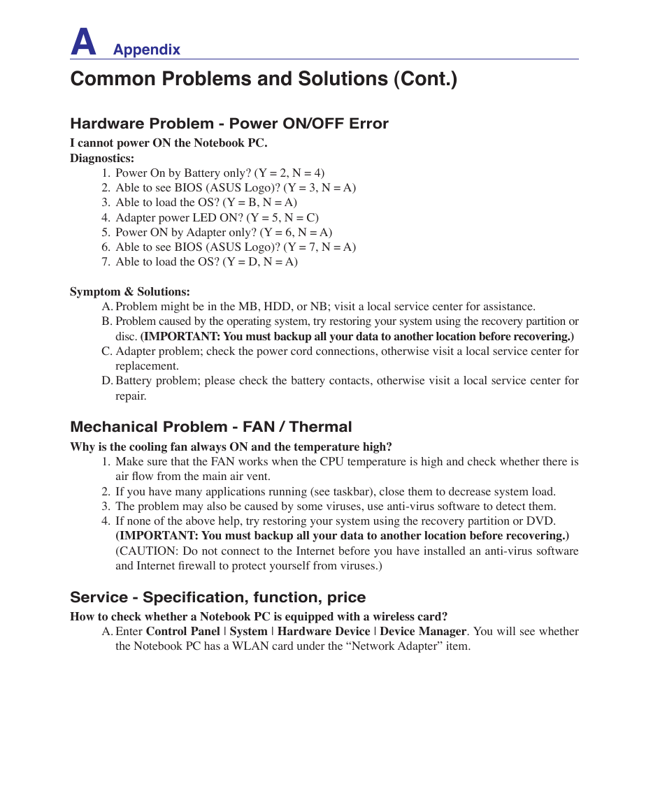 Common problems and solutions (cont.) | Asus VX2 User Manual | Page 72 / 95