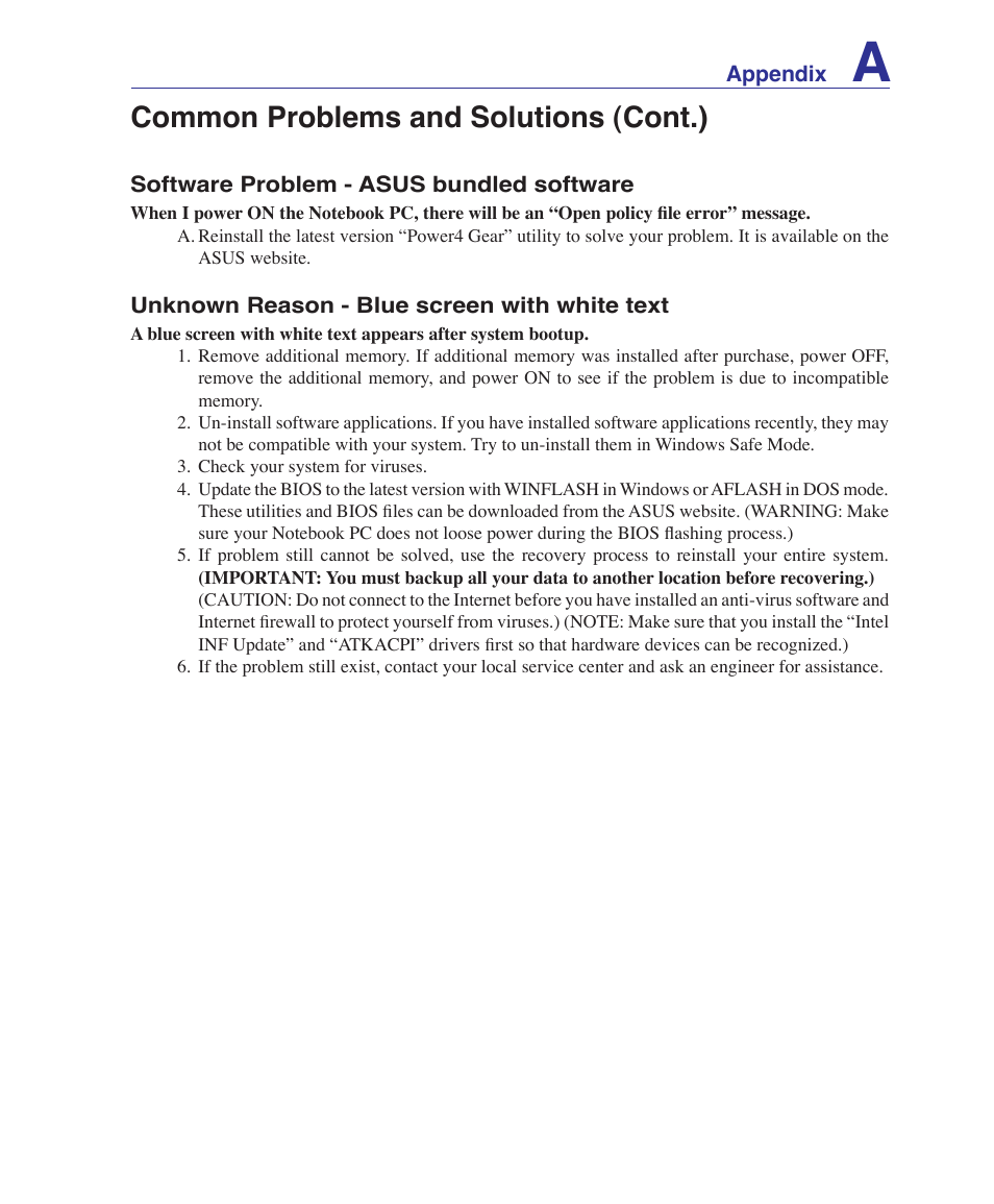 Common problems and solutions (cont.) | Asus VX2 User Manual | Page 73 / 95