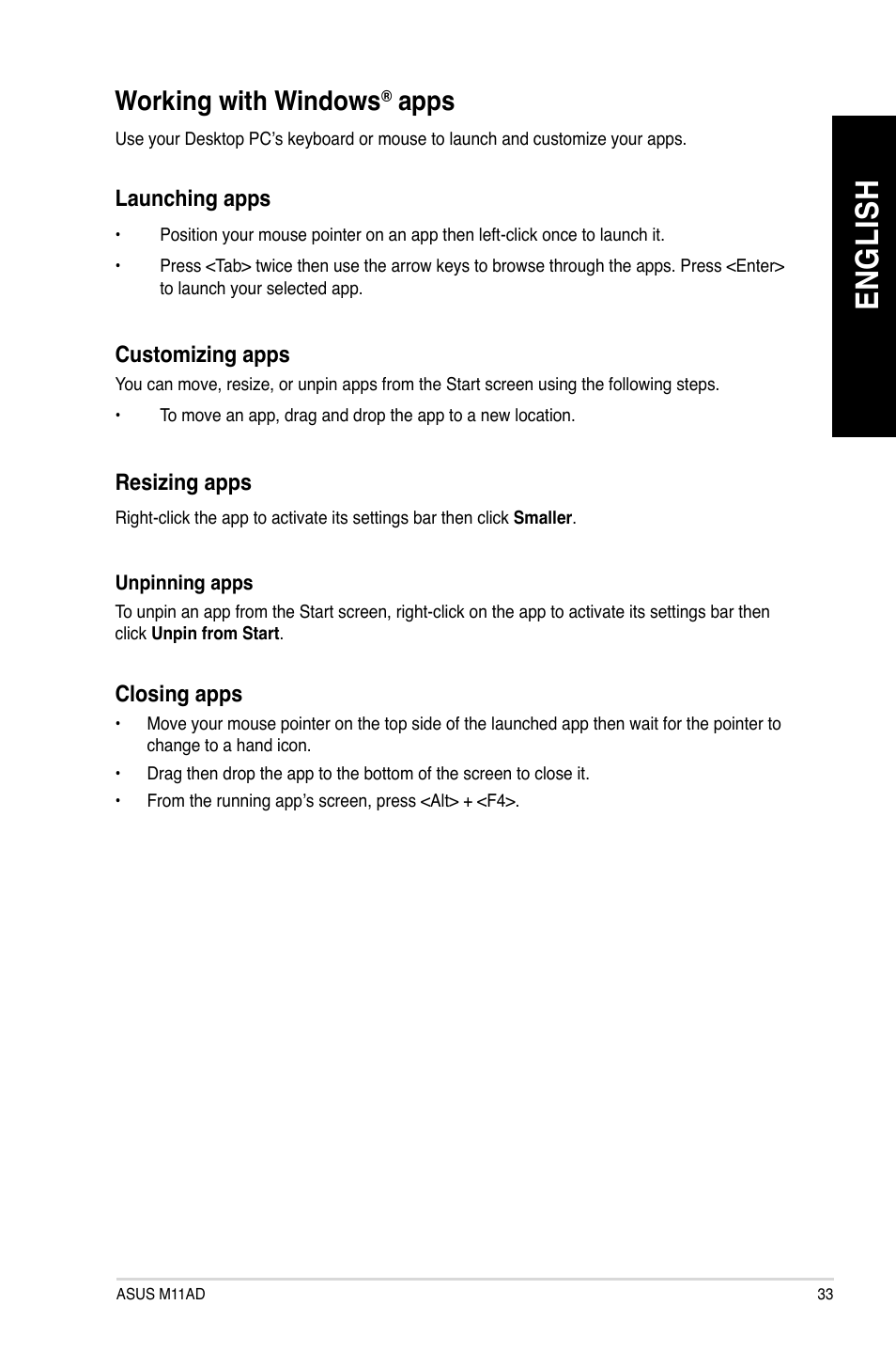 Working with windows® apps, Working with windows, Apps | En gl is h en gl is h | Asus M11AD User Manual | Page 33 / 87