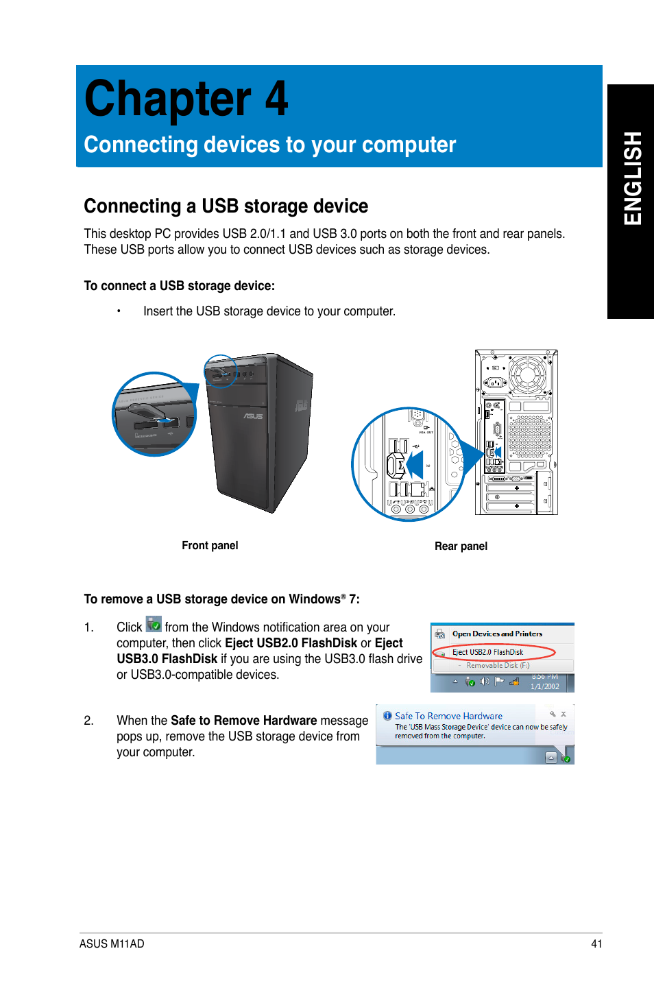 Chapter 4: connecting devices to your computer, Connecting a usb storage device, Connecting devices to your computer | Chapter 4, En gl is h en gl is h | Asus M11AD User Manual | Page 41 / 87