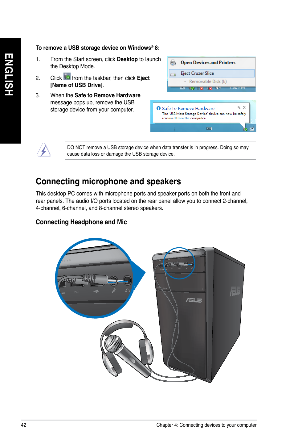 Connecting microphone and speakers, En gl is h en gl is h en gl is h en gl is h | Asus M11AD User Manual | Page 42 / 87