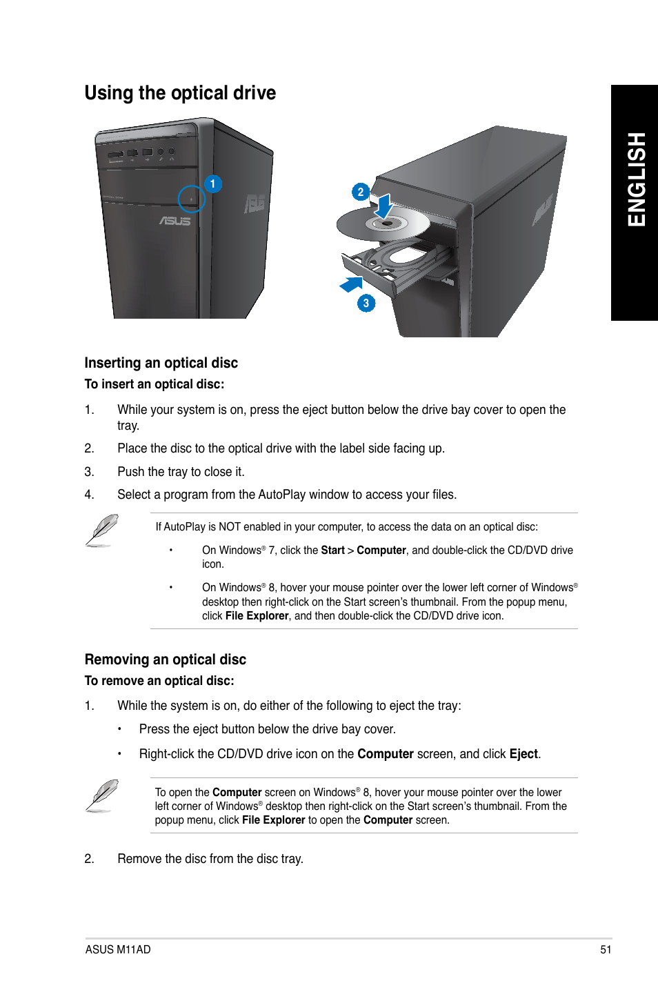 Using the optical drive, En gl is h en gl is h | Asus M11AD User Manual | Page 51 / 87