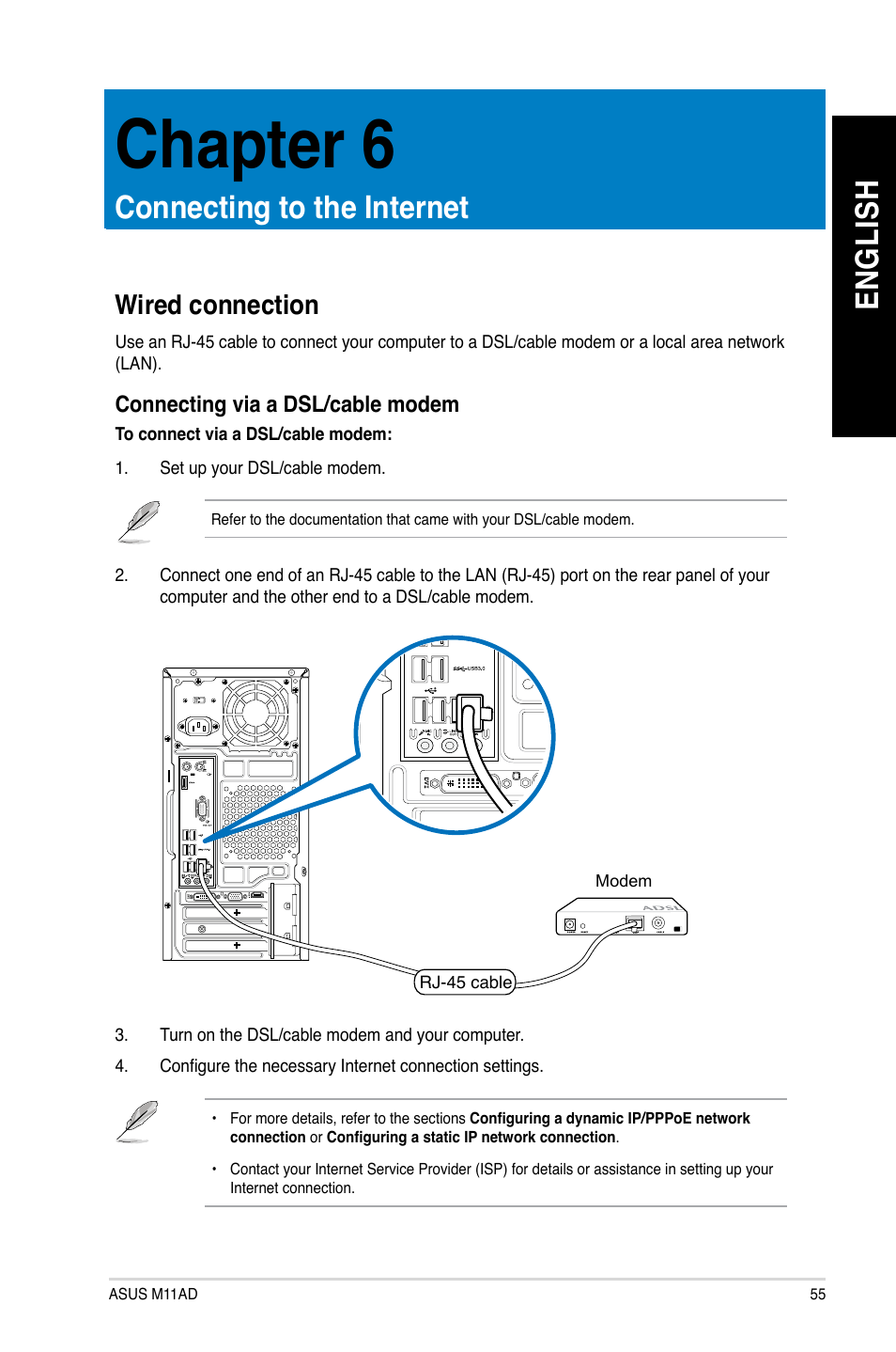 Chapter 6: connecting to the internet, Wired connection, Connecting to the internet | Chapter 6, En gl is h en gl is h | Asus M11AD User Manual | Page 55 / 87