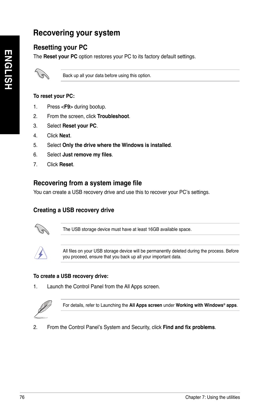 Recovering your system, En gl is h en gl is h en gl is h en gl is h | Asus M11AD User Manual | Page 76 / 87