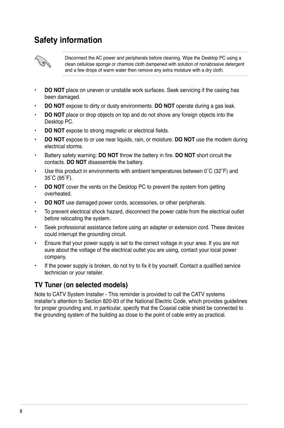 Safety information, Tv tuner (on selected models) | Asus M11AD User Manual | Page 8 / 87