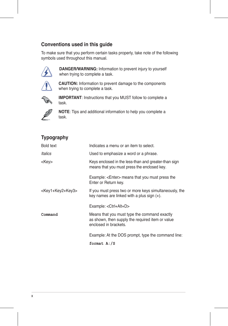 Conventions used in this guide, Typography | Asus P5N32-E SLI Plus User Manual | Page 10 / 158