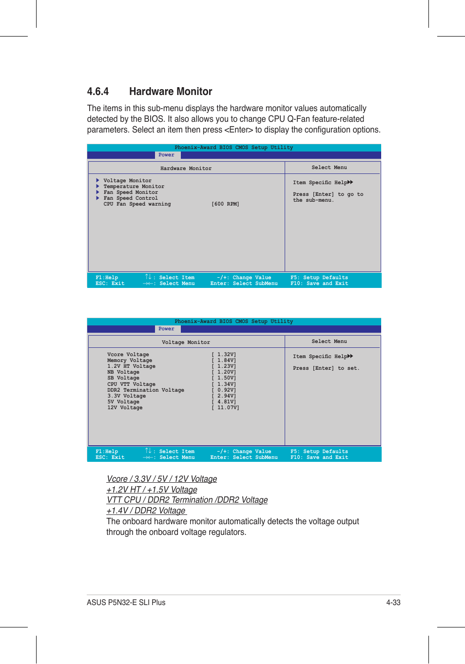 4 hardware monitor, Voltage monitor | Asus P5N32-E SLI Plus User Manual | Page 101 / 158