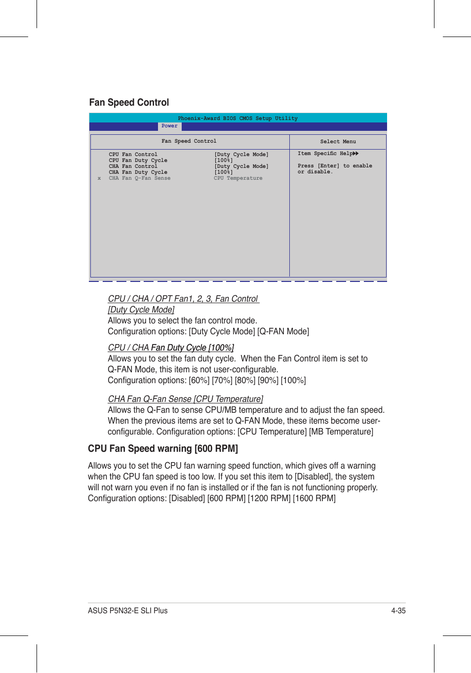 Cpu fan speed warning [600 rpm, Fan speed control | Asus P5N32-E SLI Plus User Manual | Page 103 / 158