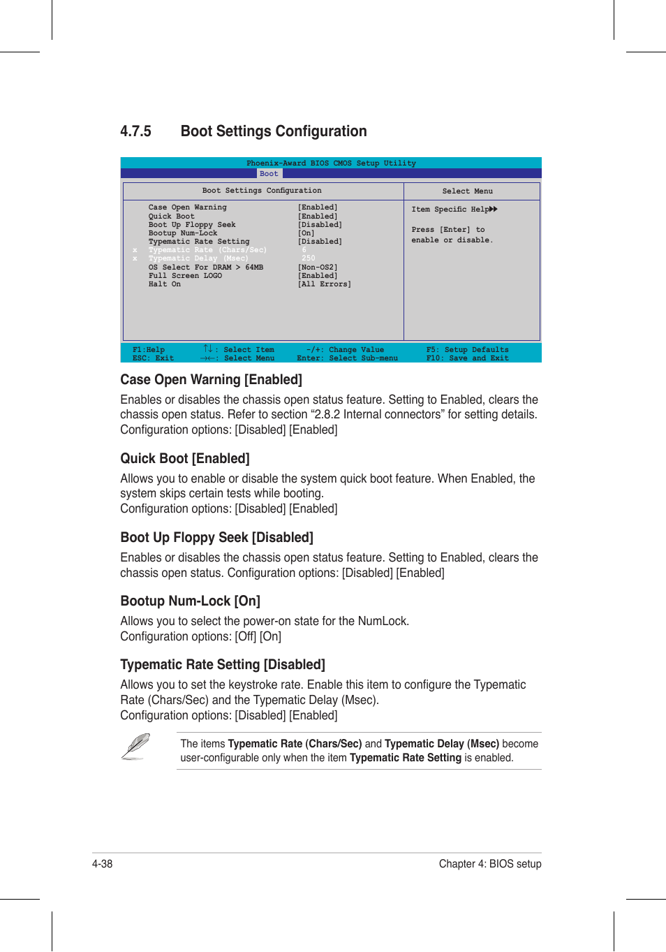 5 boot settings configuration, Case open warning [enabled, Quick boot [enabled | Boot up floppy seek [disabled, Bootup num-lock [on, Typematic rate setting [disabled | Asus P5N32-E SLI Plus User Manual | Page 106 / 158