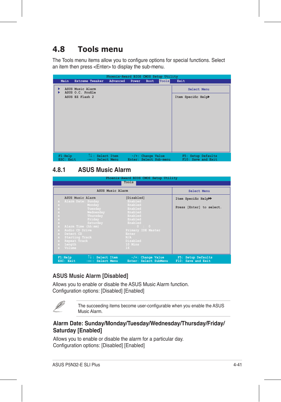 8 tools menu, 1 asus music alarm, Asus music alarm [disabled | Asus P5N32-E SLI Plus User Manual | Page 109 / 158