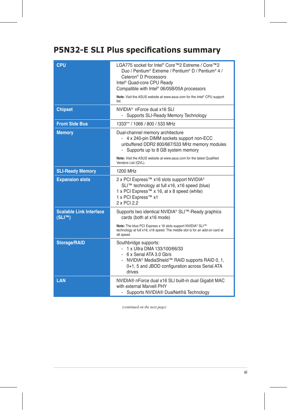 P5n32-e sli plus specifications summary | Asus P5N32-E SLI Plus User Manual | Page 11 / 158