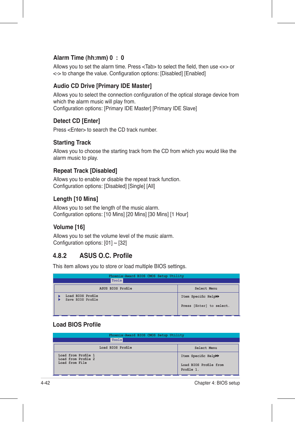 2 asus o.c. profile, Load bios profile alarm time (hh:mm) 0 : 0, Audio cd drive [primary ide master | Detect cd [enter, Starting track, Repeat track [disabled, Length [10 mins, Volume [16 | Asus P5N32-E SLI Plus User Manual | Page 110 / 158