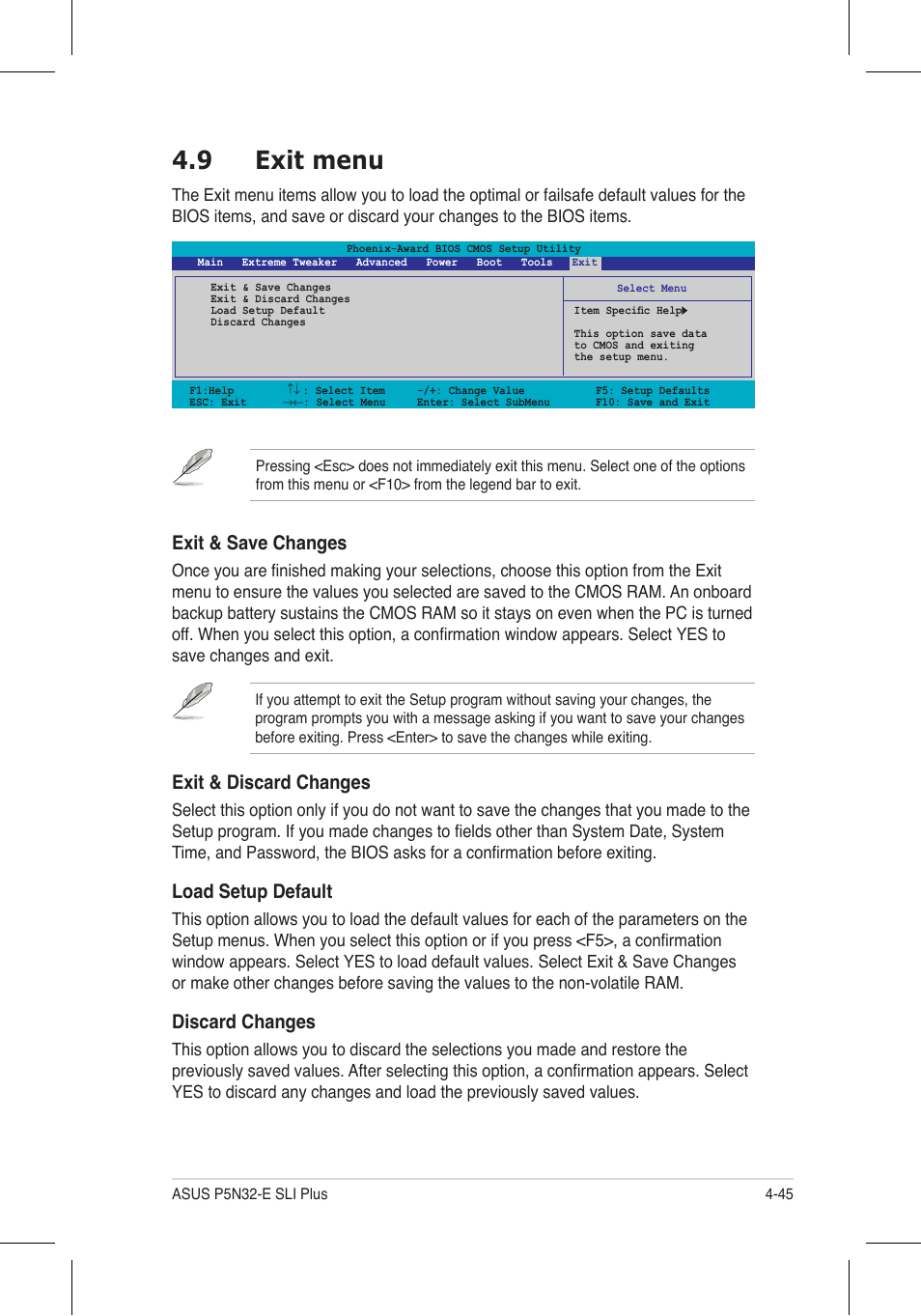 9 exit menu, Exit & save changes, Exit & discard changes | Load setup default, Discard changes | Asus P5N32-E SLI Plus User Manual | Page 113 / 158