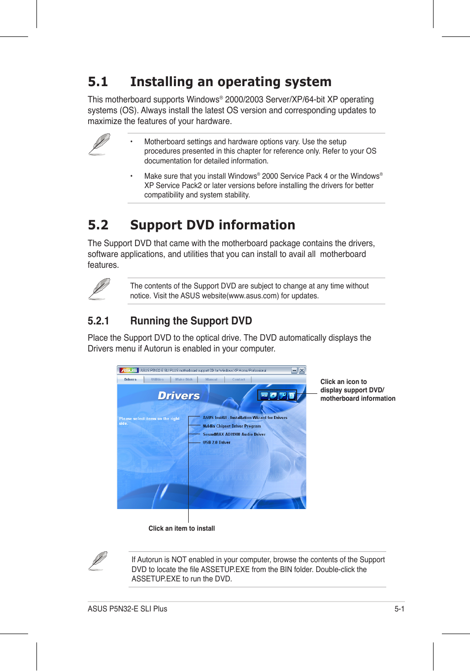 1 installing an operating system, 2 support dvd information, 1 running the support dvd | Asus P5N32-E SLI Plus User Manual | Page 117 / 158