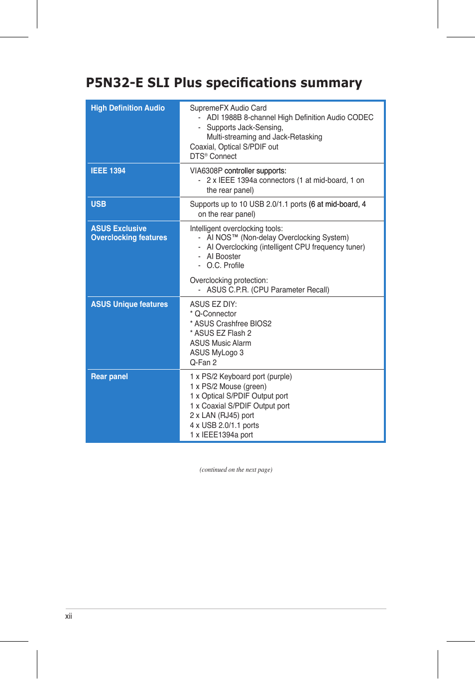 P5n32-e sli plus specifications summary | Asus P5N32-E SLI Plus User Manual | Page 12 / 158