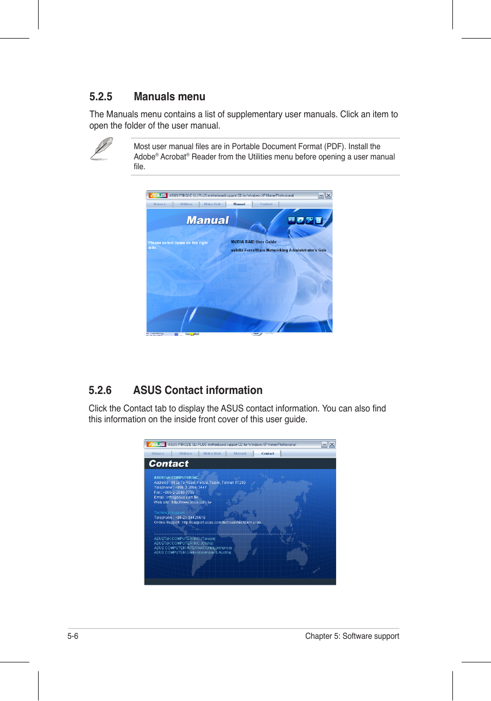 6 asus contact information, 5 manuals menu | Asus P5N32-E SLI Plus User Manual | Page 122 / 158