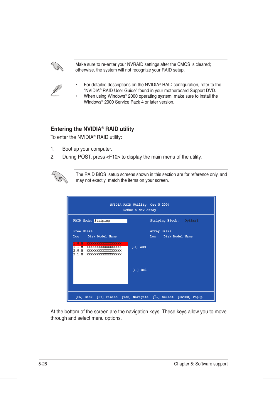 Entering the nvidia, Raid utility | Asus P5N32-E SLI Plus User Manual | Page 144 / 158