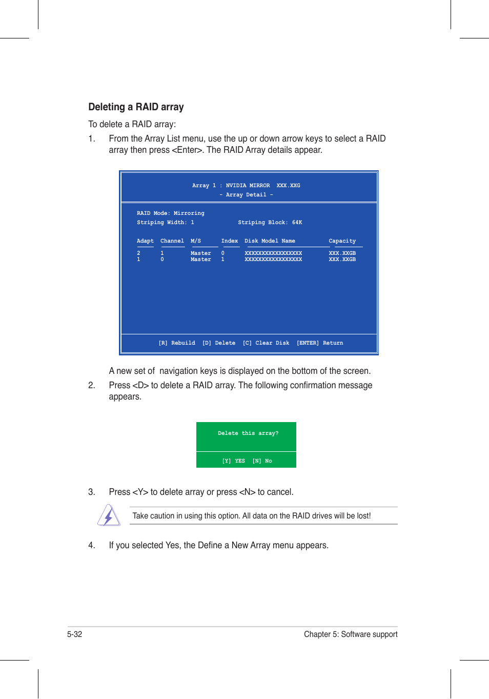 Deleting a raid array | Asus P5N32-E SLI Plus User Manual | Page 148 / 158