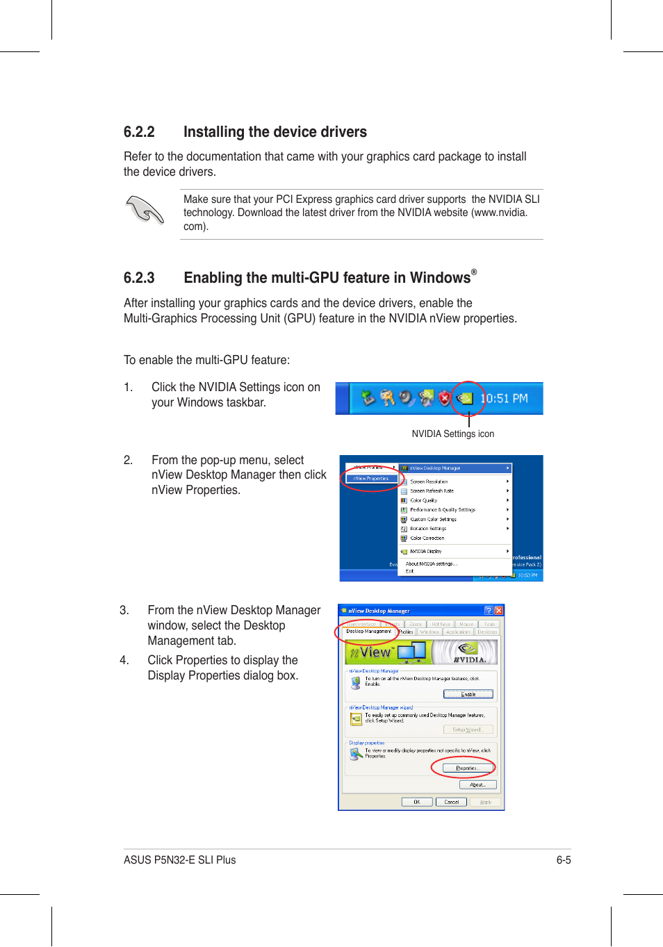 2 installing the device drivers, 3 enabling the multi-gpu feature in windows | Asus P5N32-E SLI Plus User Manual | Page 157 / 158