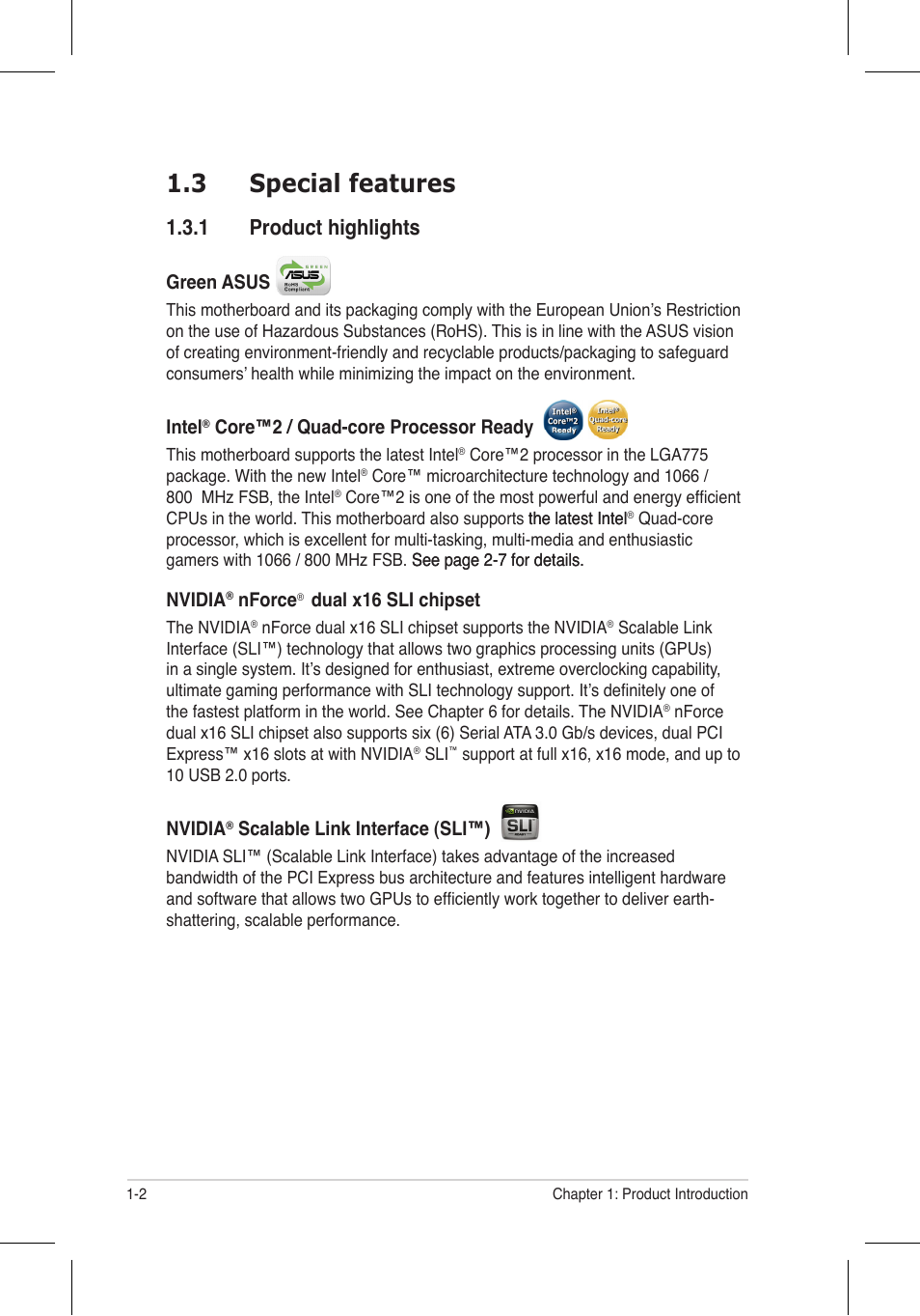 3 special features, 1 product highlights | Asus P5N32-E SLI Plus User Manual | Page 18 / 158