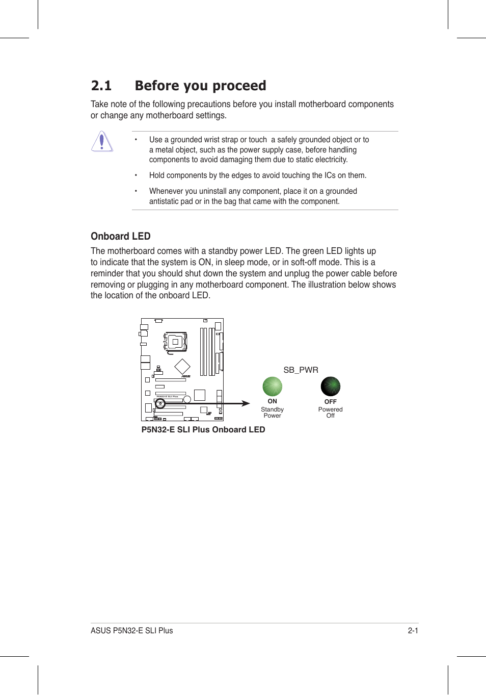 1 before you proceed, Onboard led | Asus P5N32-E SLI Plus User Manual | Page 27 / 158