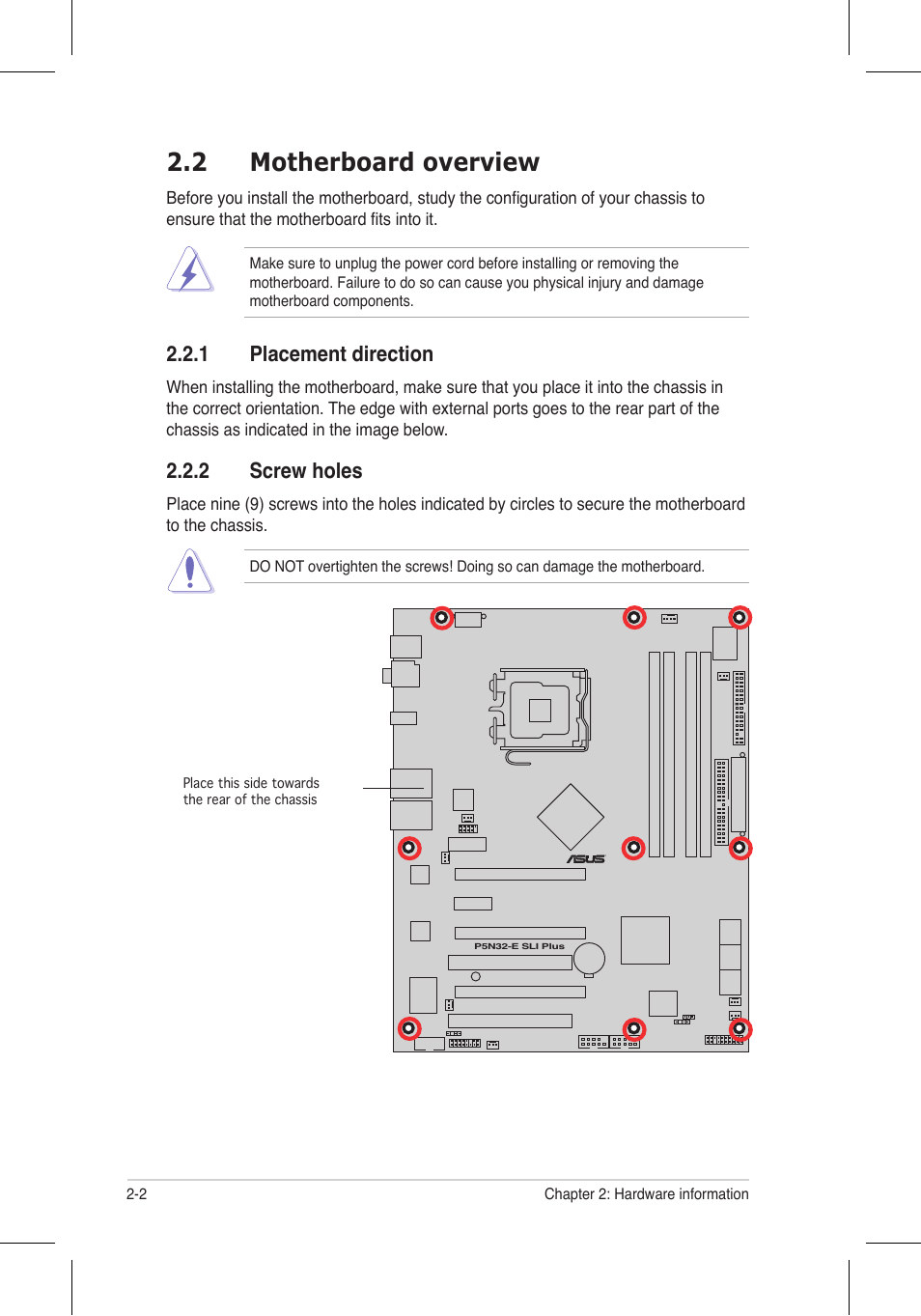 2 motherboard overview, 1 placement direction, 2 screw holes | Asus P5N32-E SLI Plus User Manual | Page 28 / 158