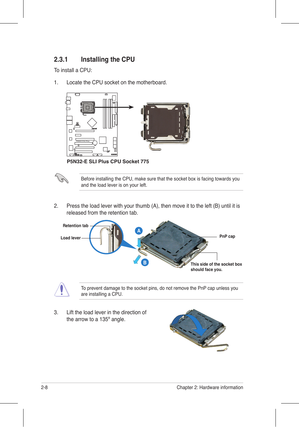 1 installing the cpu | Asus P5N32-E SLI Plus User Manual | Page 34 / 158