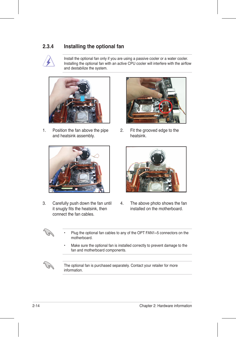 4 installing the optional fan | Asus P5N32-E SLI Plus User Manual | Page 40 / 158