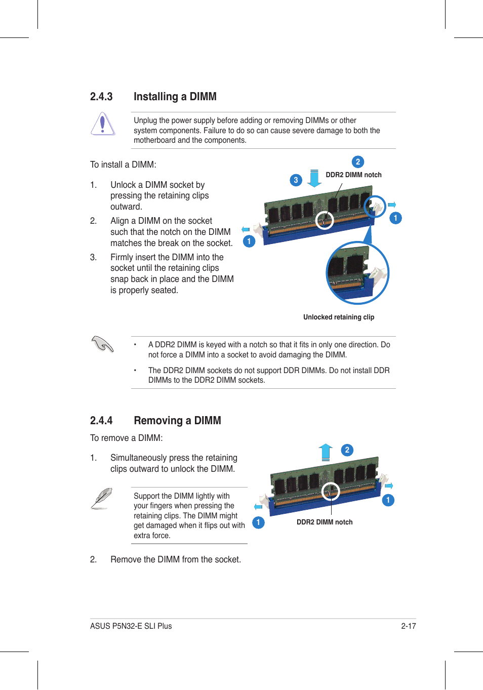 3 installing a dimm, 4 removing a dimm | Asus P5N32-E SLI Plus User Manual | Page 43 / 158