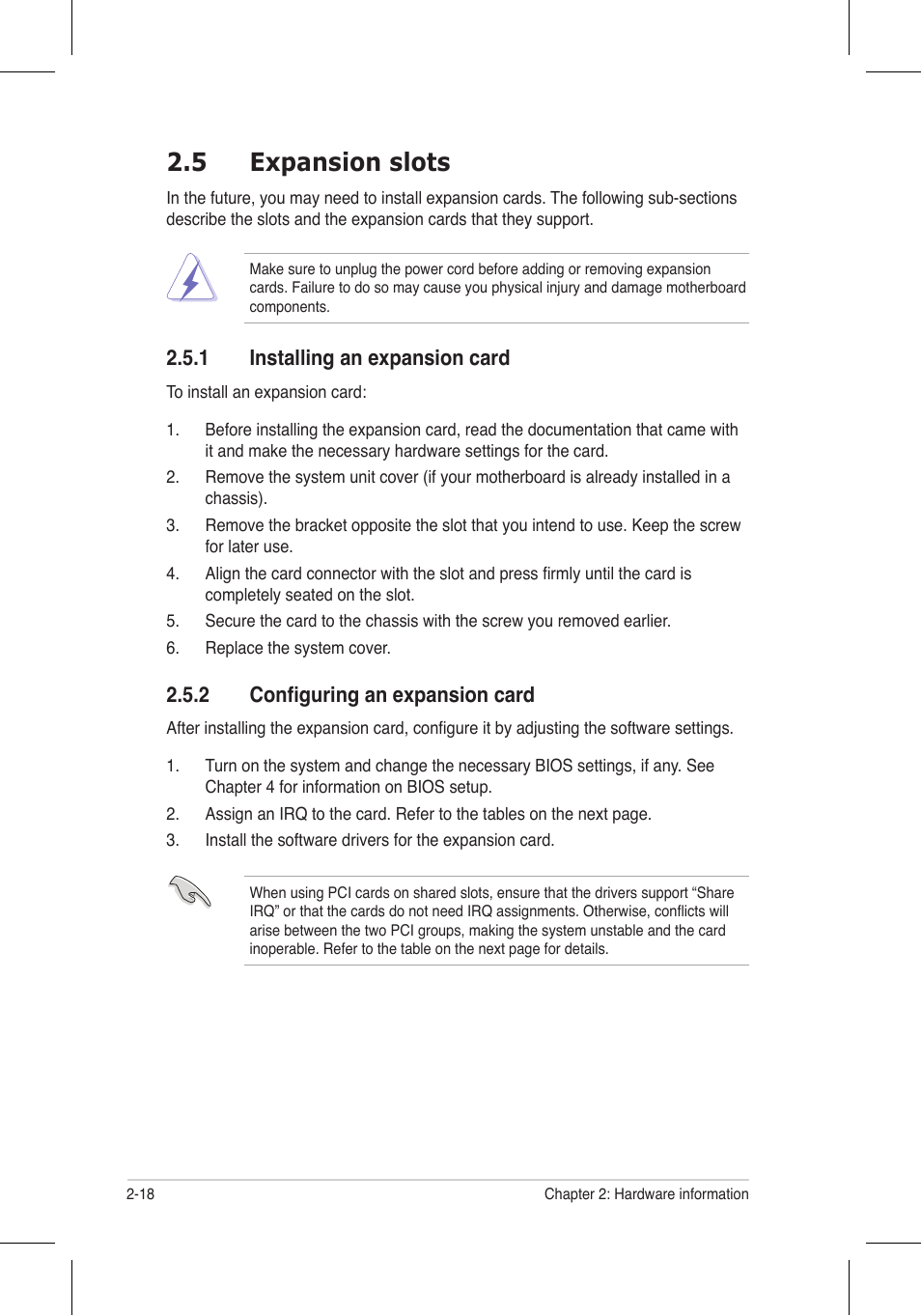 5 expansion slots, 1 installing an expansion card, 2 configuring an expansion card | Asus P5N32-E SLI Plus User Manual | Page 44 / 158