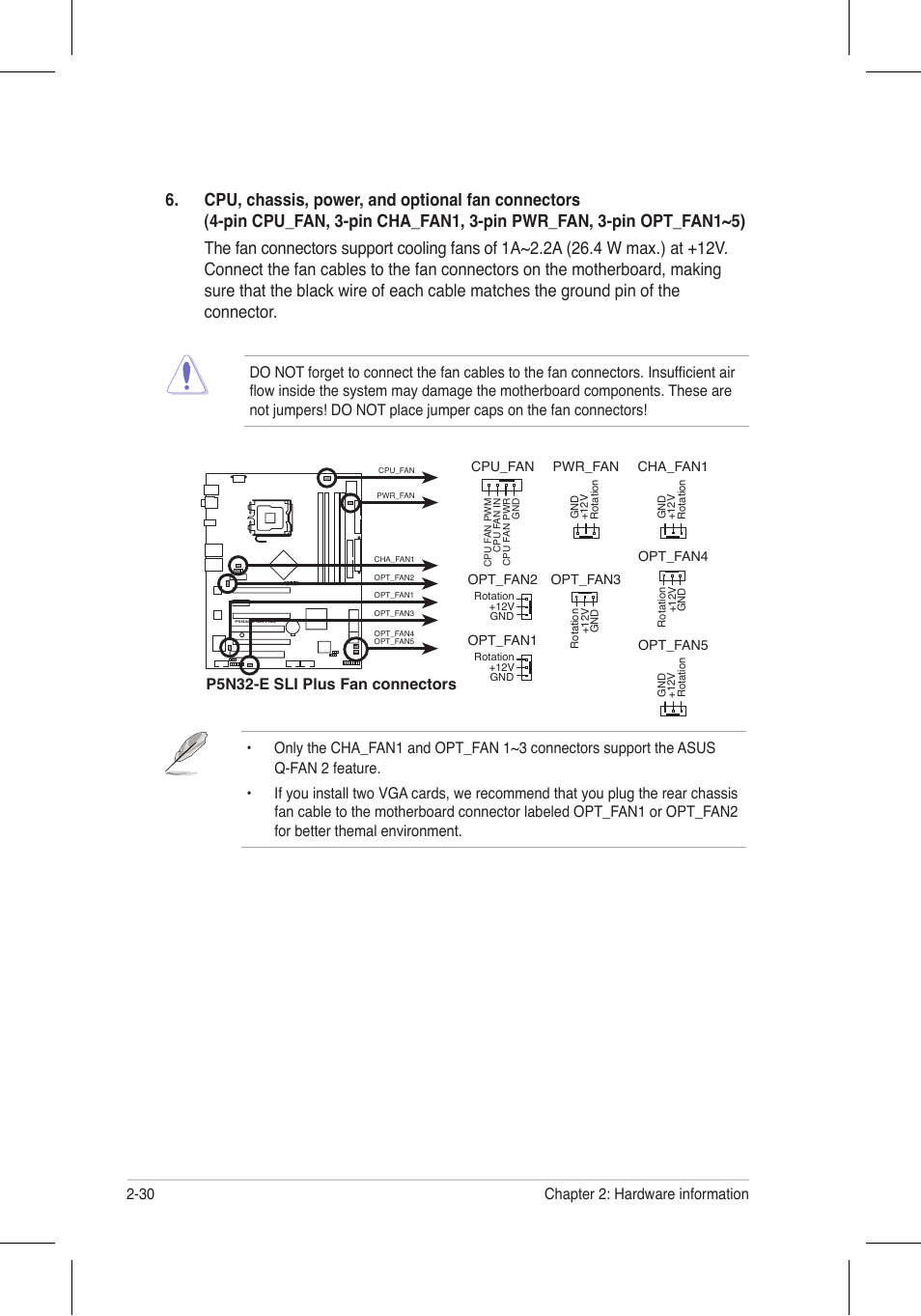 30 chapter 2: hardware information, P5n32-e sli plus fan connectors | Asus P5N32-E SLI Plus User Manual | Page 56 / 158