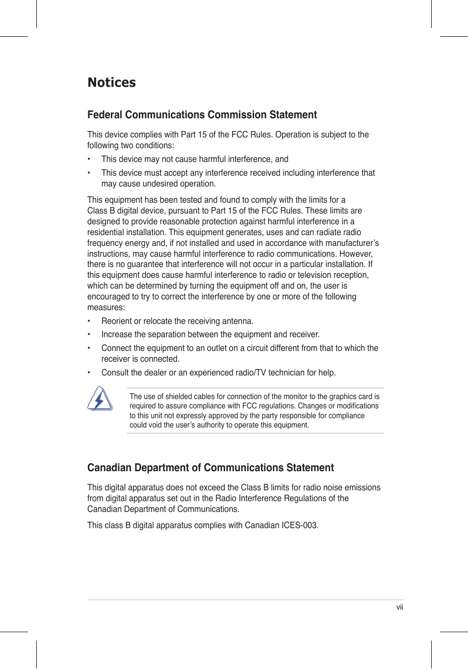 Notices, Federal communications commission statement, Canadian department of communications statement | Asus P5N32-E SLI Plus User Manual | Page 7 / 158