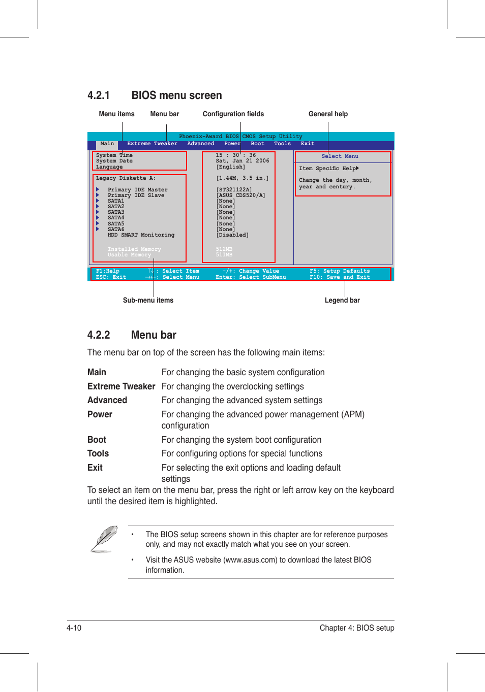 1 bios menu screen, 2 menu bar | Asus P5N32-E SLI Plus User Manual | Page 78 / 158