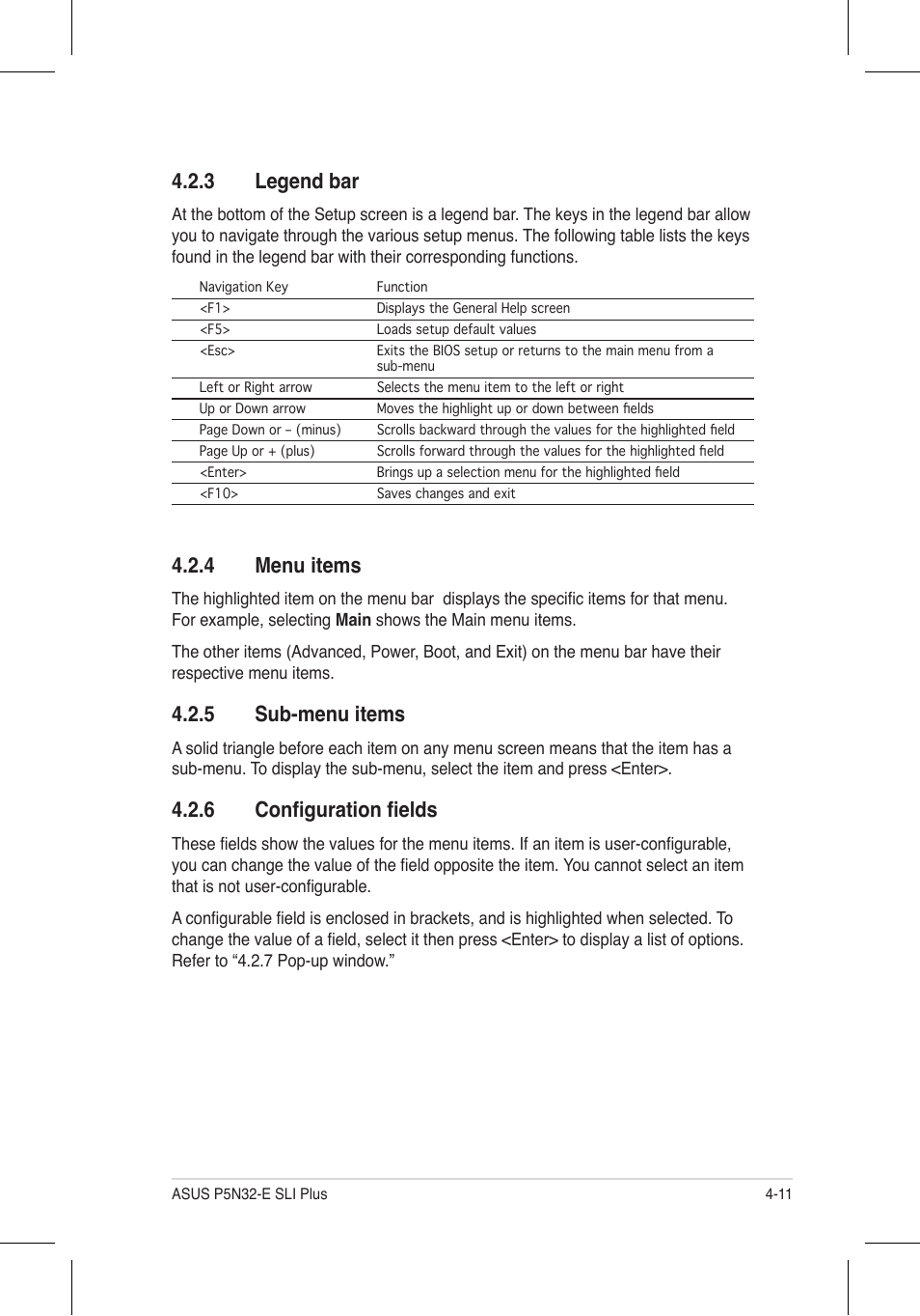 4 menu items, 5 sub-menu items, 6 configuration fields | 3 legend bar | Asus P5N32-E SLI Plus User Manual | Page 79 / 158