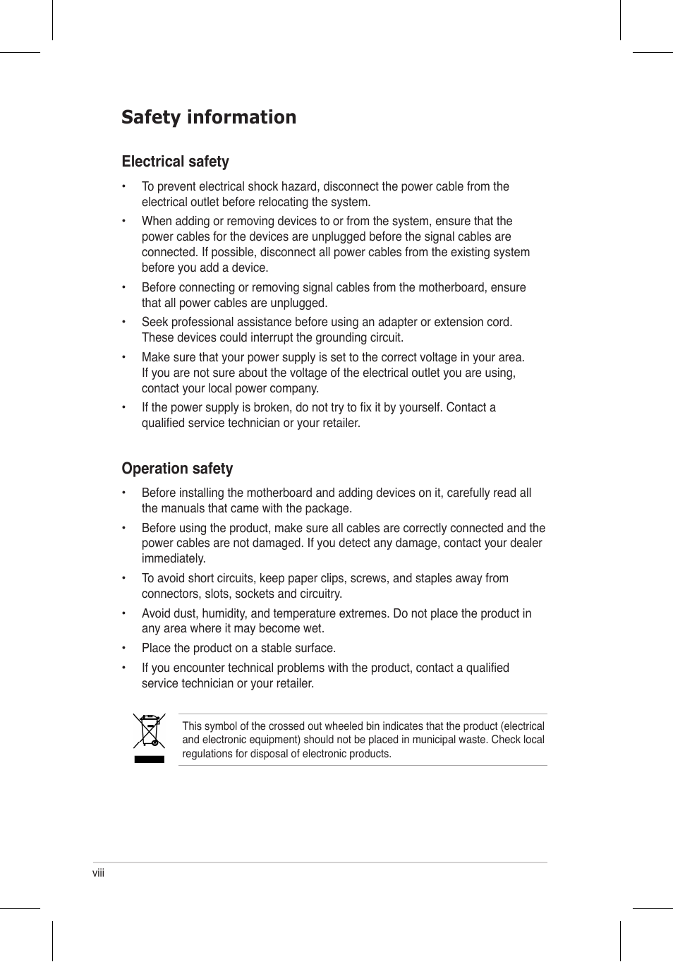 Safety information, Electrical safety, Operation safety | Asus P5N32-E SLI Plus User Manual | Page 8 / 158