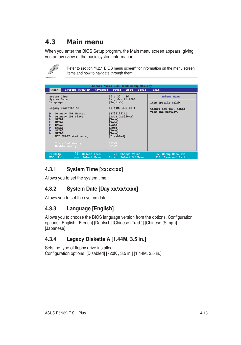 3 main menu, 1 system time [xx:xx:xx, 3 language [english | Allows you to set the system time, Allows you to set the system date | Asus P5N32-E SLI Plus User Manual | Page 81 / 158