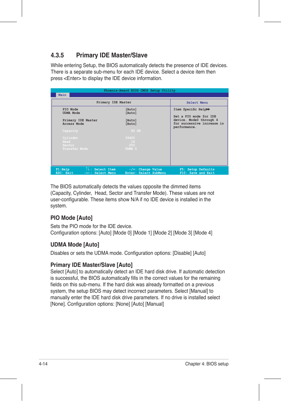 5 primary ide master/slave, Pio mode [auto, Udma mode [auto | Primary ide master/slave [auto | Asus P5N32-E SLI Plus User Manual | Page 82 / 158